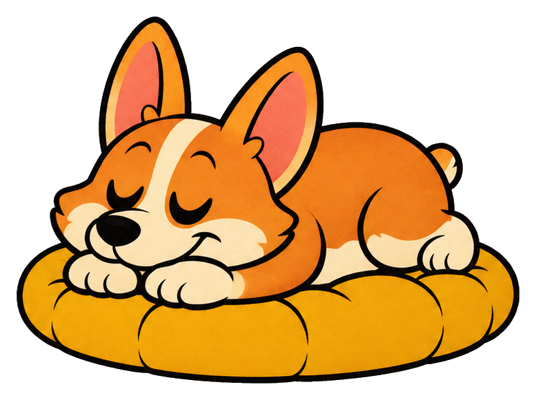 Sleeping corgi curled up on a yellow cushion in a vintage cartoon style.