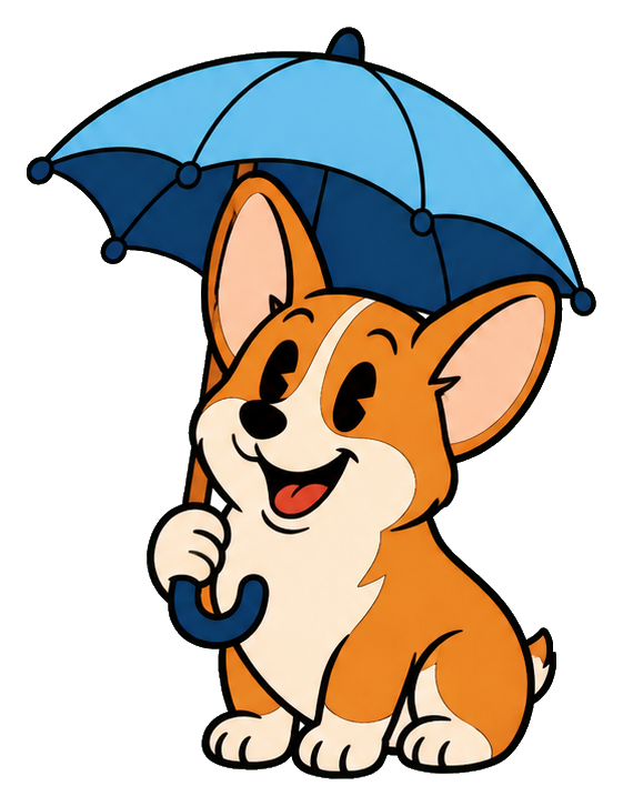 Cute cartoon corgi sitting under a blue umbrella