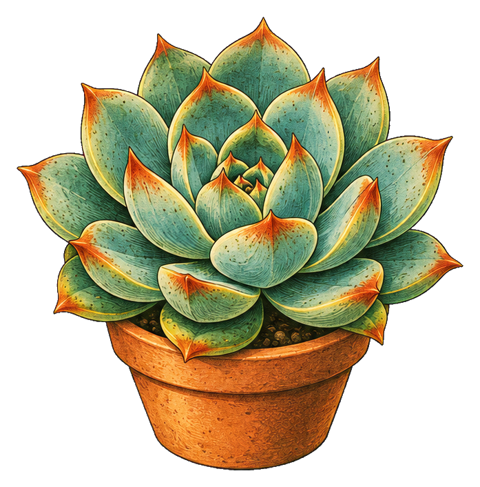 A green echeveria succulent in a terracotta pot with vintage botanical styling.