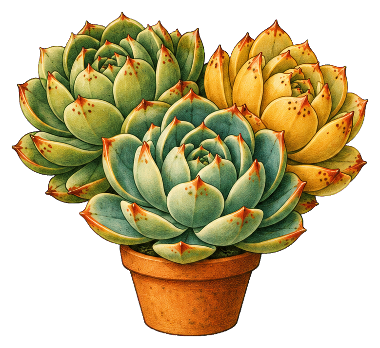 Cluster of vintage-style succulent rosettes in a small terracotta pot