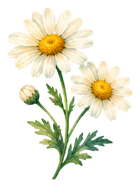 Watercolor chamomile wildflower with two white blossoms and a bud on green stems
