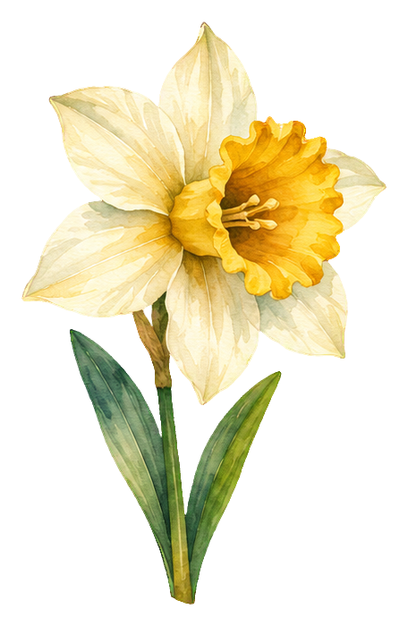 Watercolor narcissus wildflower with pale petals and yellow center on a green stem