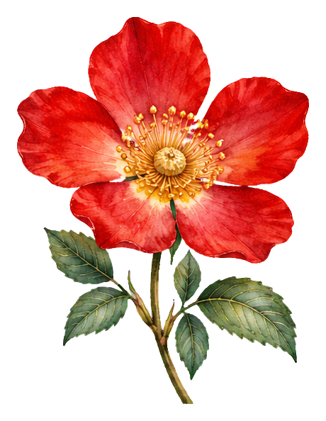 Red watercolor wild rose with green leaves and stem