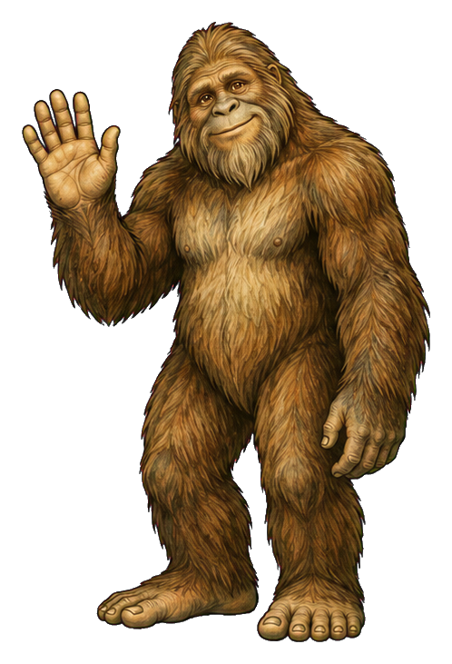 Bigfoot standing and waving with one hand raised, shown as a furry cryptid sticker.