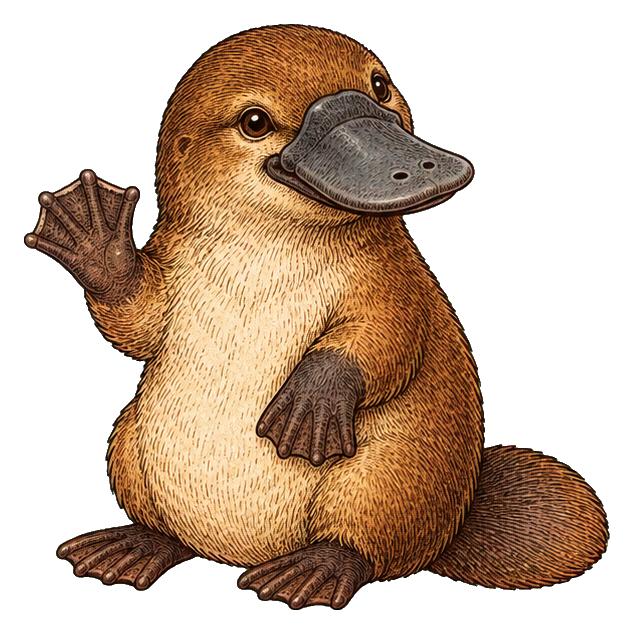 Vintage platypus waving with one paw and standing in a cute illustrated pose.