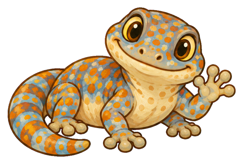 Cute orange and blue tokay gecko waving with one raised foot.