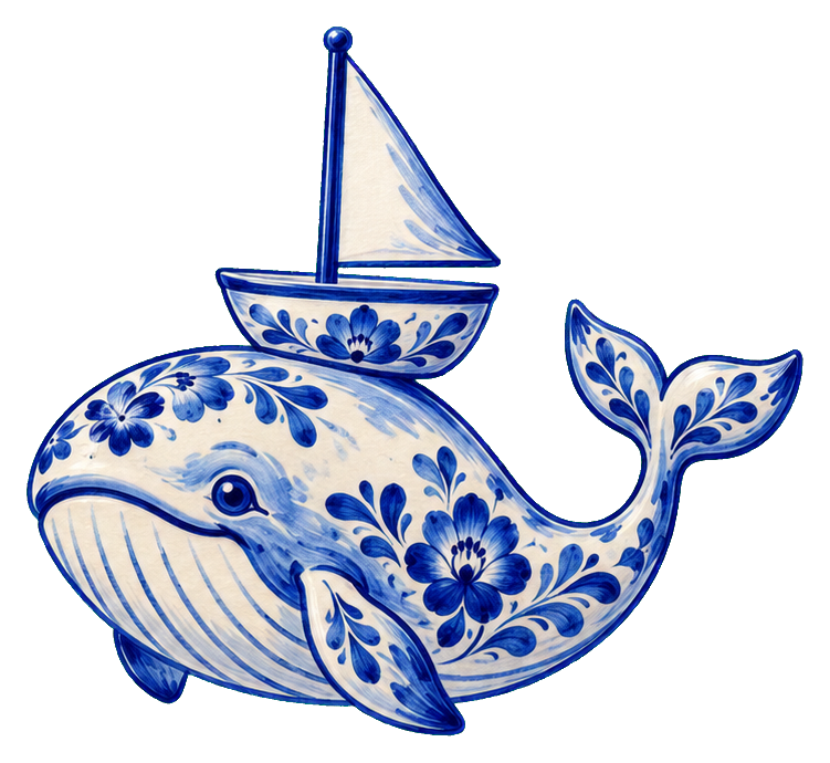 Blue and white whale with floral patterns and a small sailboat on its back