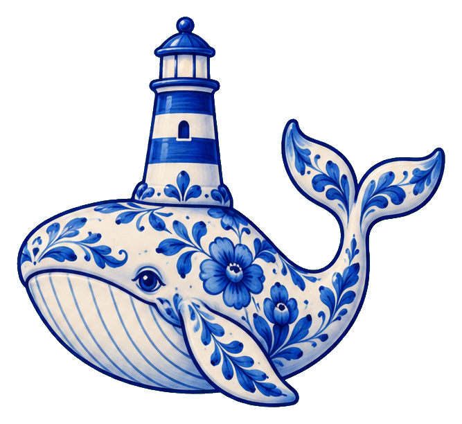 Blue and white whale sticker decorated with floral patterns and a lighthouse motif