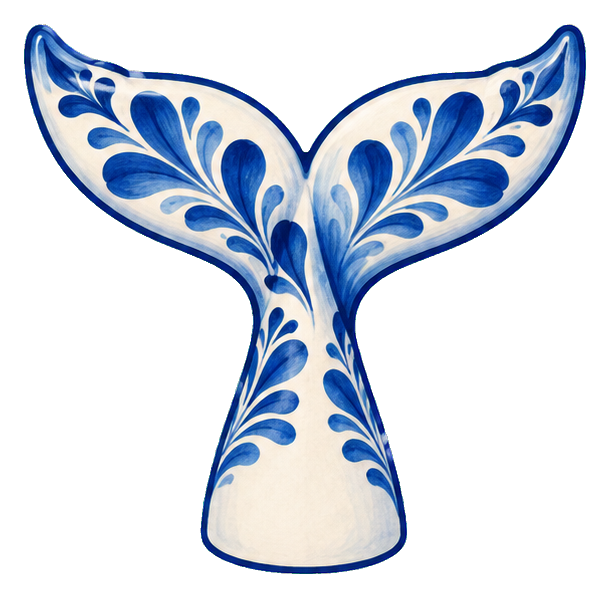 Blue and white whale tail fluke sticker with decorative delft-style pattern.