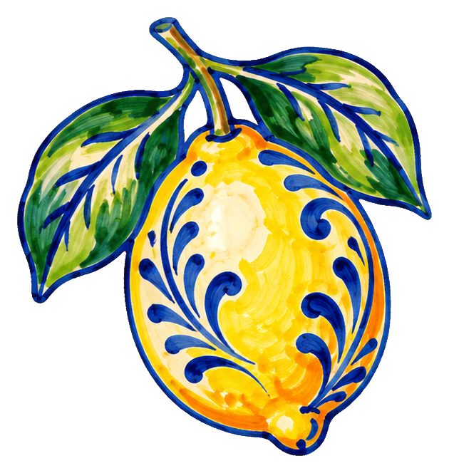 Decorative whole lemon with blue pattern, green leaves, and a ceramic-style design