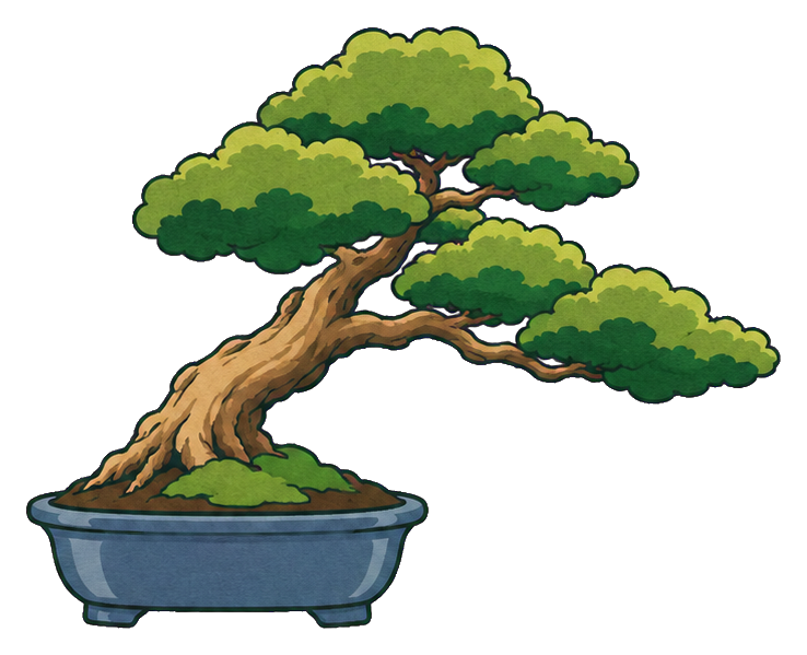 Windswept bonsai tree growing from a shallow blue pot