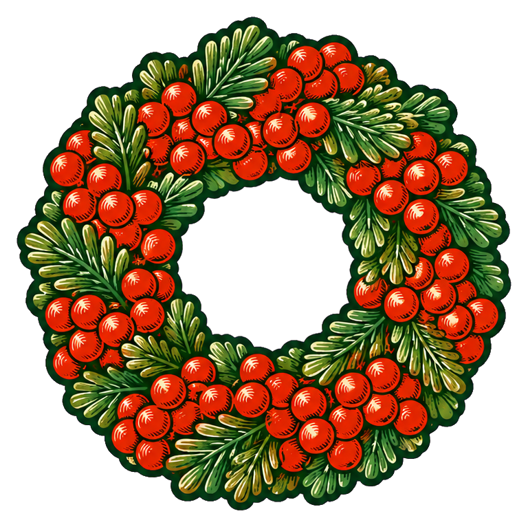 Winterberry wreath sticker with red berries and green leaves in a circular holiday design
