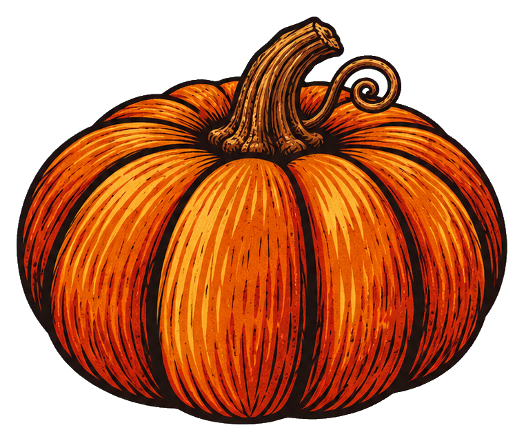 Orange woodcut-style pumpkin with detailed carved lines on a transparent background