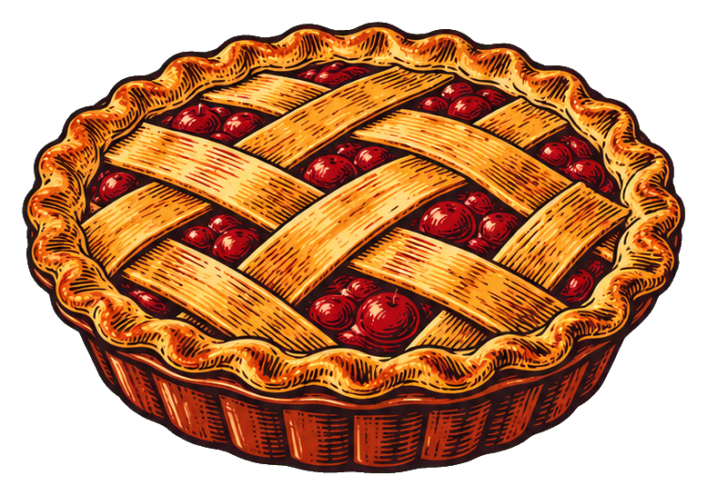 Vintage woodcut-style lattice pie with a woven crust and red filling