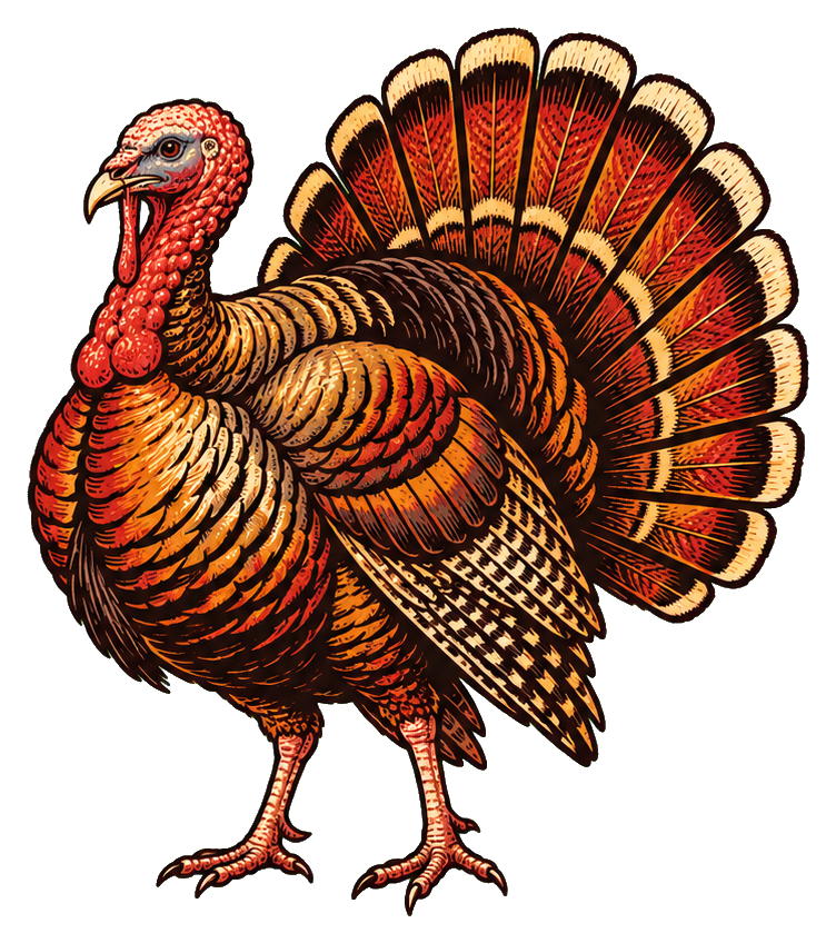 Vintage woodcut-style wild turkey with fanned tail feathers standing in profile.