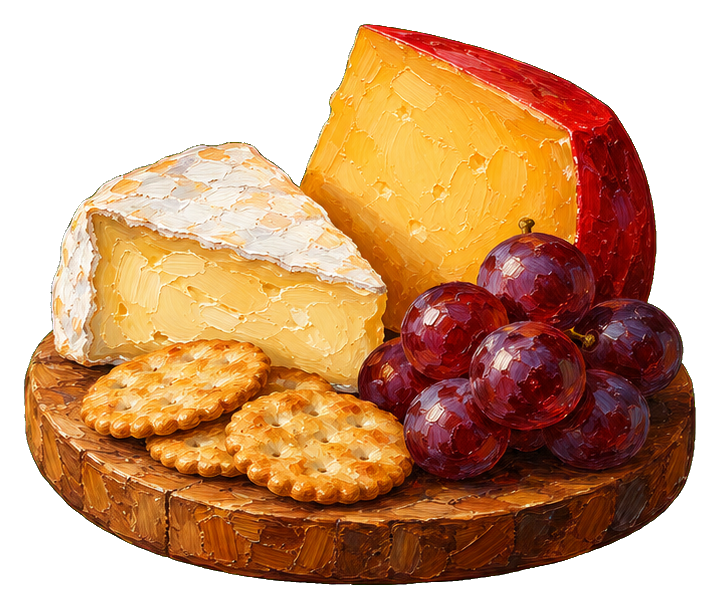 Wooden board with wedges of cheese, crackers, and grapes