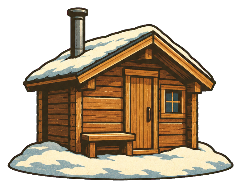 Wooden log cabin with a snow-covered roof and chimney
