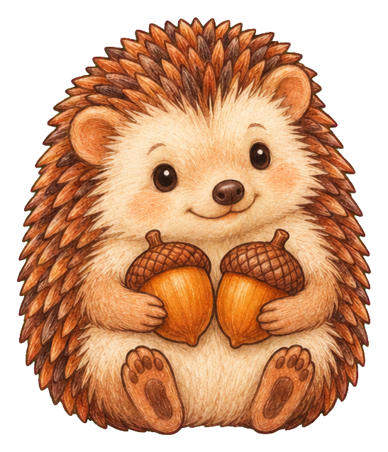 Cute hedgehog holding two acorns in a cozy woodland style