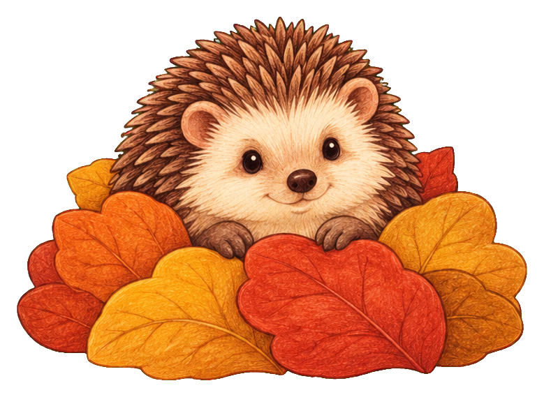 Cute hedgehog sitting in a pile of orange and red autumn leaves