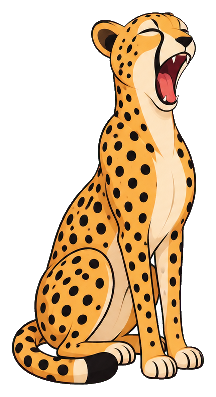 Illustrated cheetah sitting upright with mouth open in a wide yawn