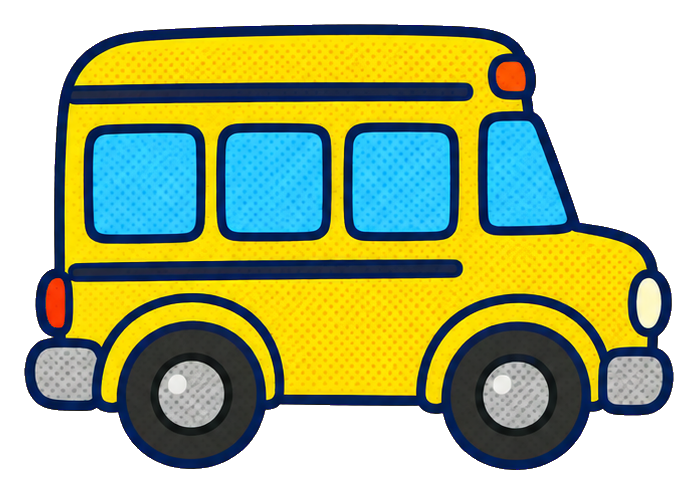 Yellow school bus with blue windows and wheels, shown as a sticker graphic