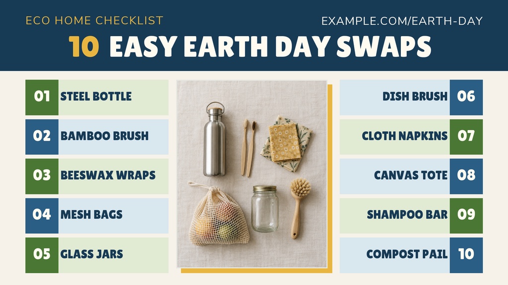 Landscape Earth Day checklist graphic with numbered eco-friendly swaps and product photos in the center