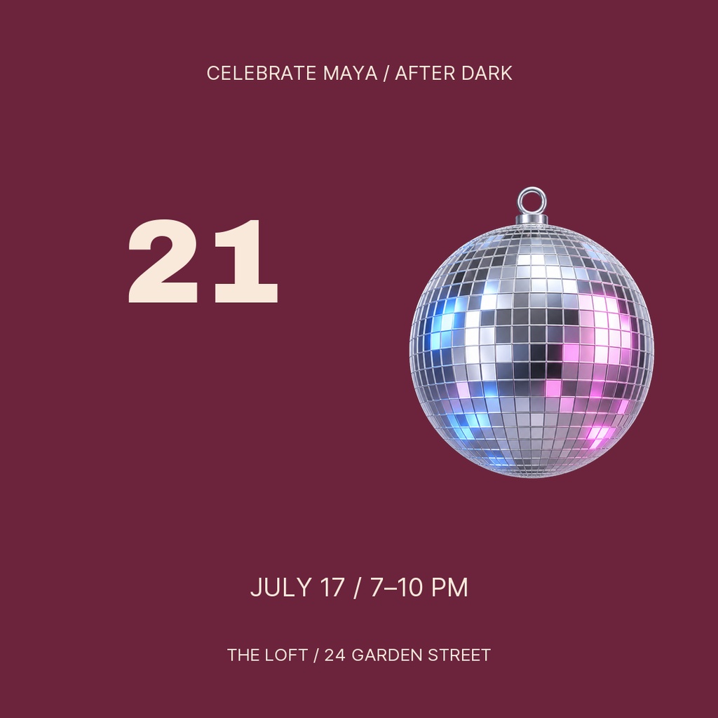 Square birthday post with large number 21 and a disco ball on a burgundy background.