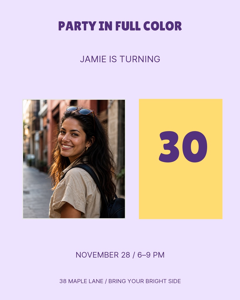 Lavender birthday invitation with a smiling woman photo and a yellow square showing 30.