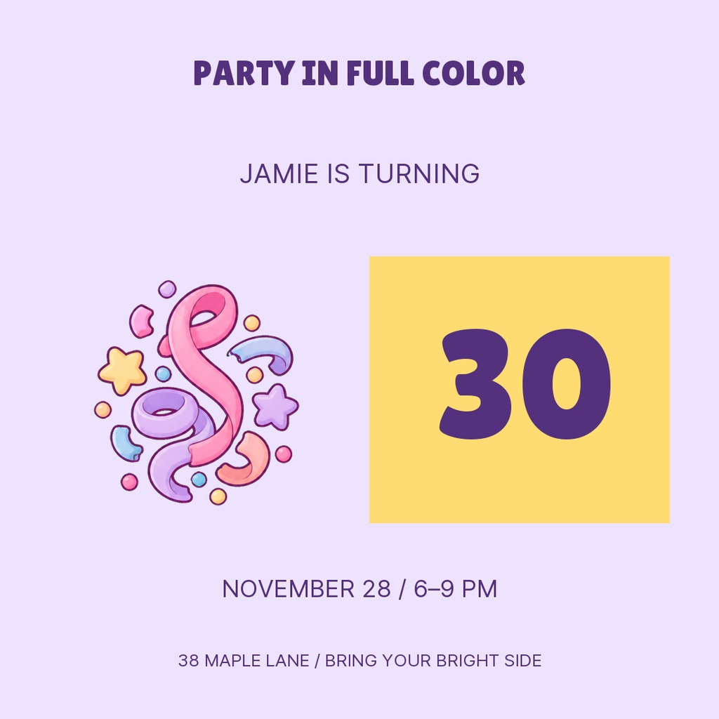 Square birthday invitation with a colorful ribbon graphic and large number 30 on a yellow block.