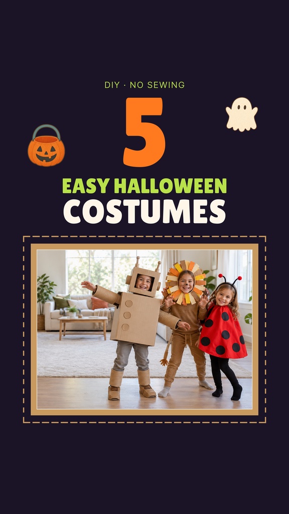 Portrait reel cover with the text 5 Easy Halloween Costumes and children in costumes