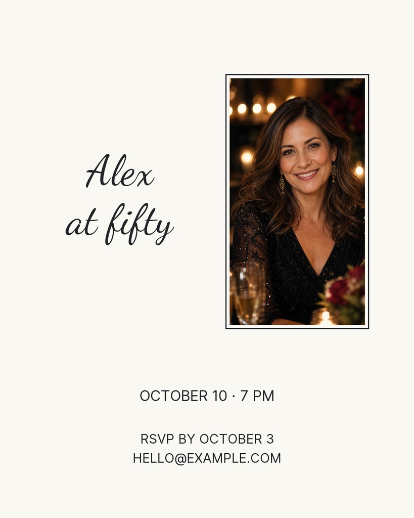 Minimalist 50th birthday invitation with a portrait photo, date, time, and RSVP details.