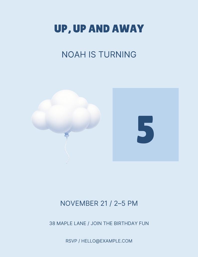 Portrait birthday flyer with clouds, the number five, and party details for Noah turning five.