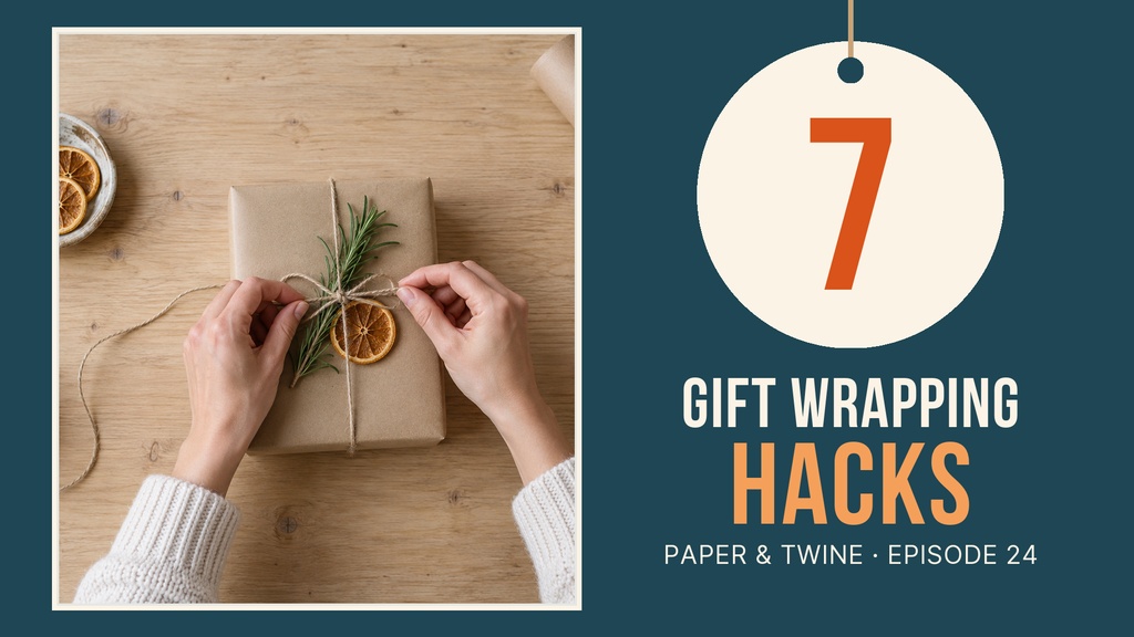 Landscape title card with hands wrapping a gift beside bold text reading 7 Gift Wrapping Hacks.