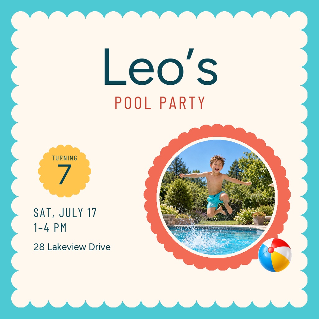 Square pool party birthday invitation with scalloped border, child photo, and turning seven text