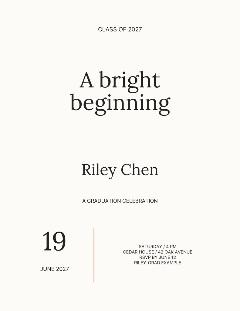 Minimal graduation flyer with the text A Bright Beginning, Class of 2027, and event details on an off-white background.