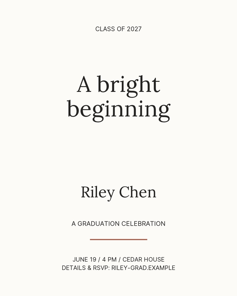 Minimal graduation portrait post with the text A bright beginning and Class of 2027.