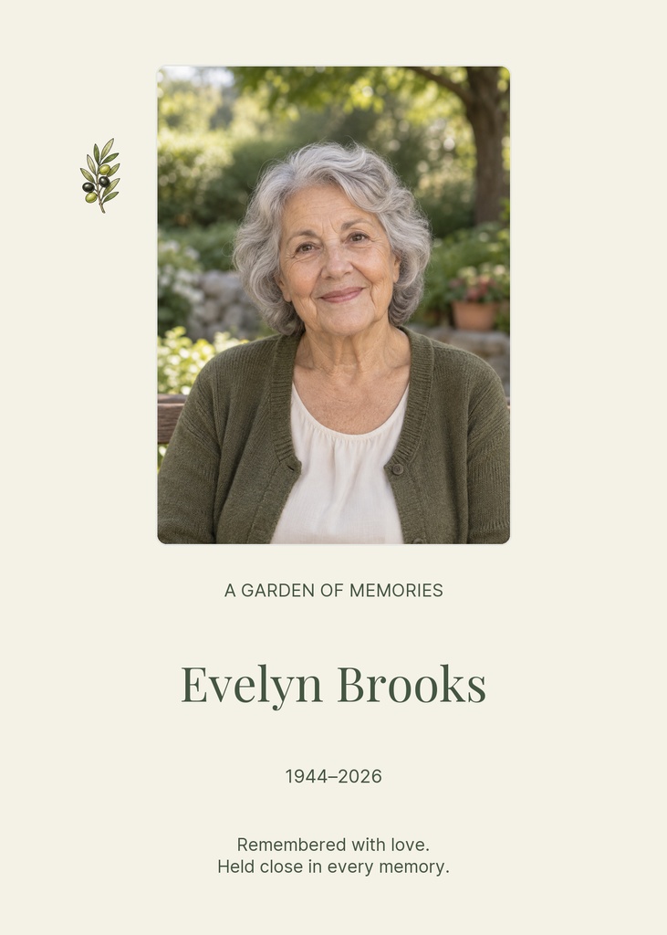 Portrait memorial card with an elderly woman photo, floral accent, and remembrance text.
