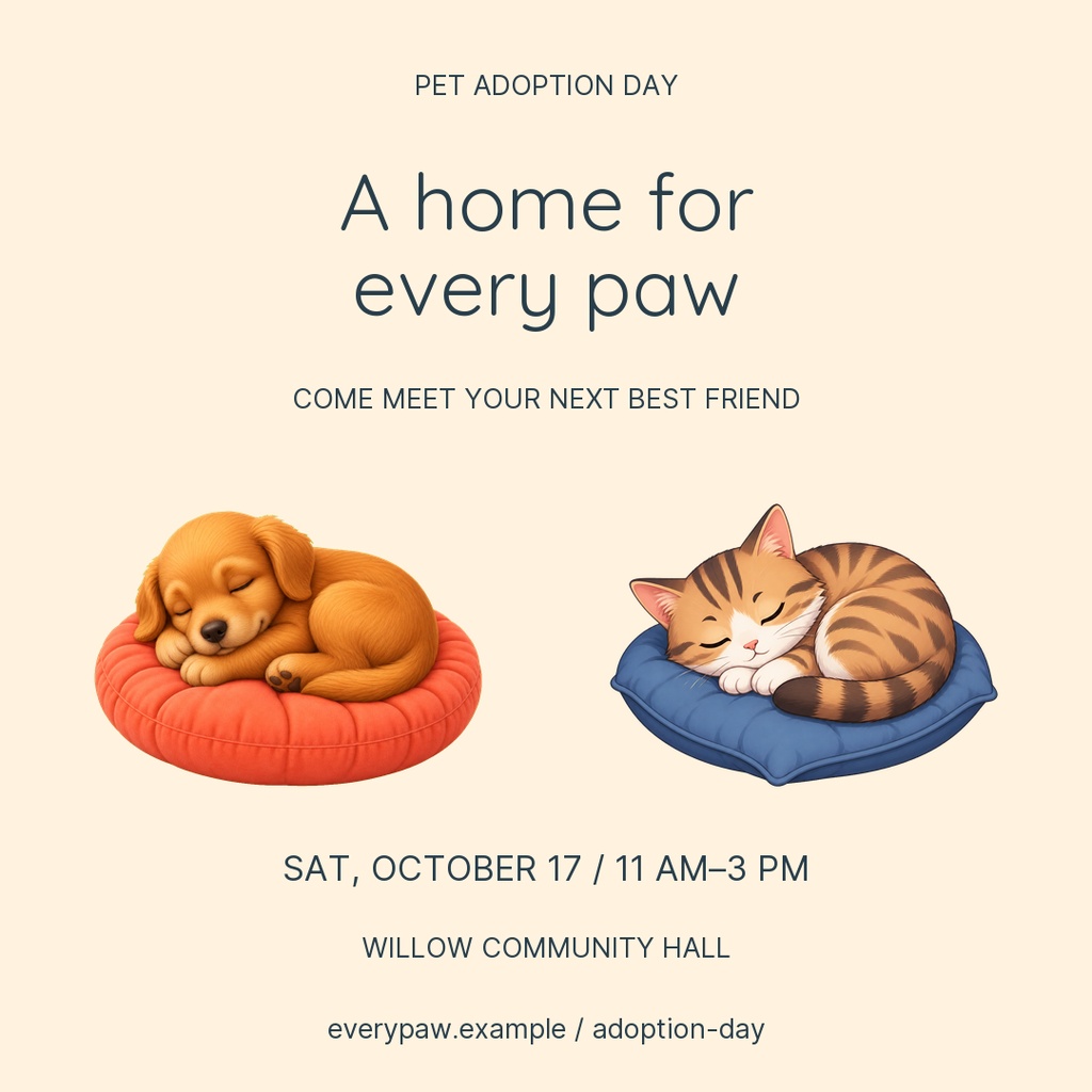 Square poster with sleeping puppy and cat, pet adoption day text, and event details on a light background.