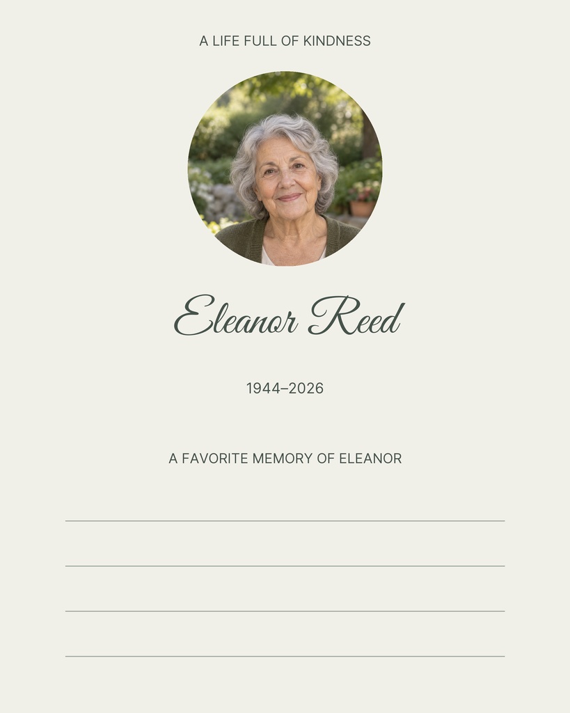 Minimal memorial page with a portrait photo, the name Eleanor Reed, and blank memory lines