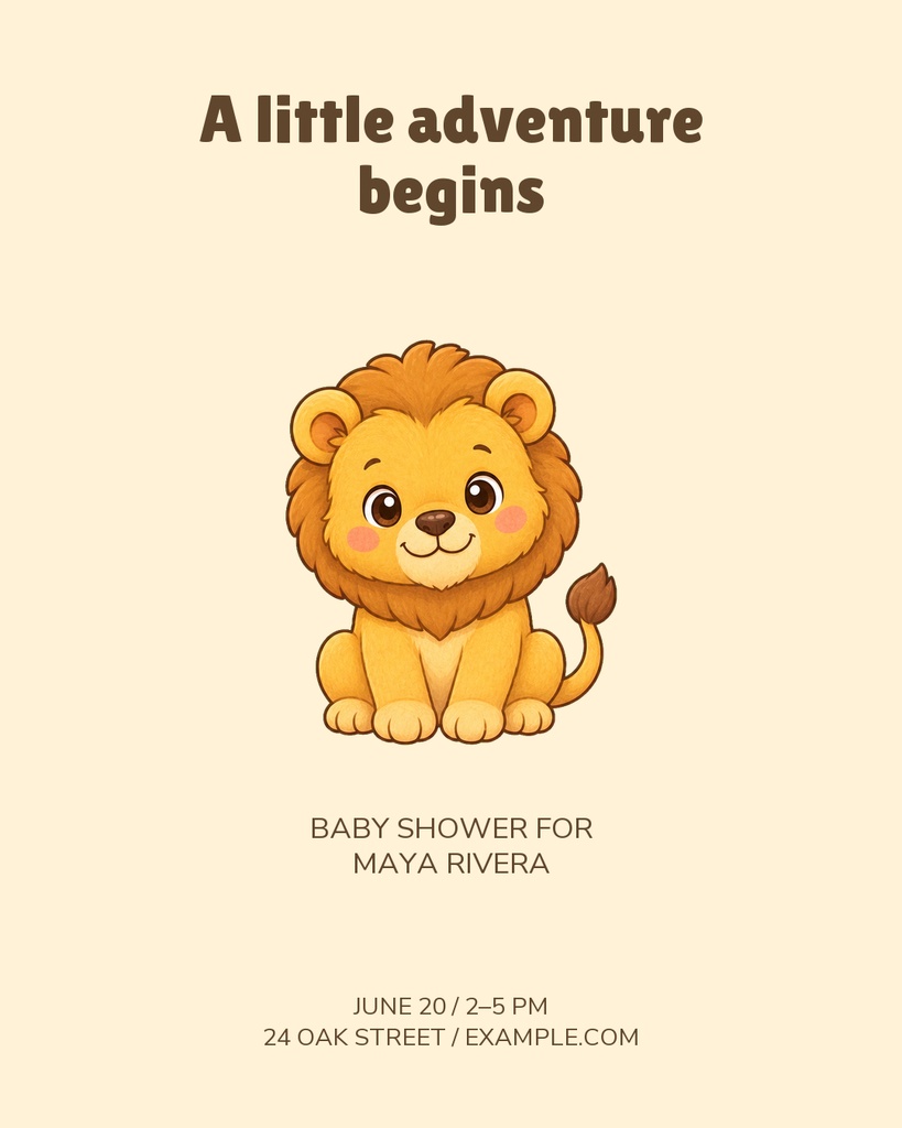A cute lion illustration under the words a little adventure begins on a beige baby shower poster.