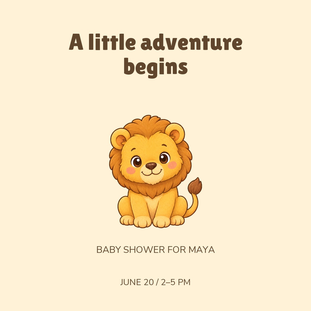 Square baby shower post with a cute lion and the text A little adventure begins.