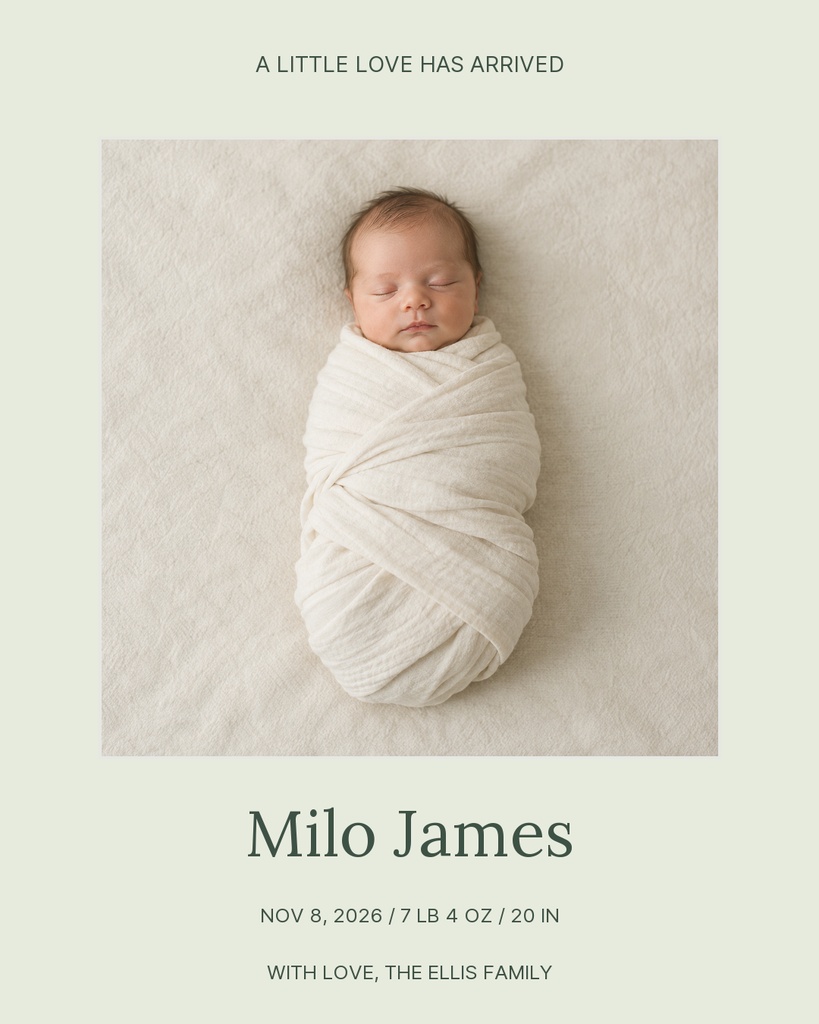 Sleeping newborn wrapped in a white blanket on a soft neutral background with birth announcement text.