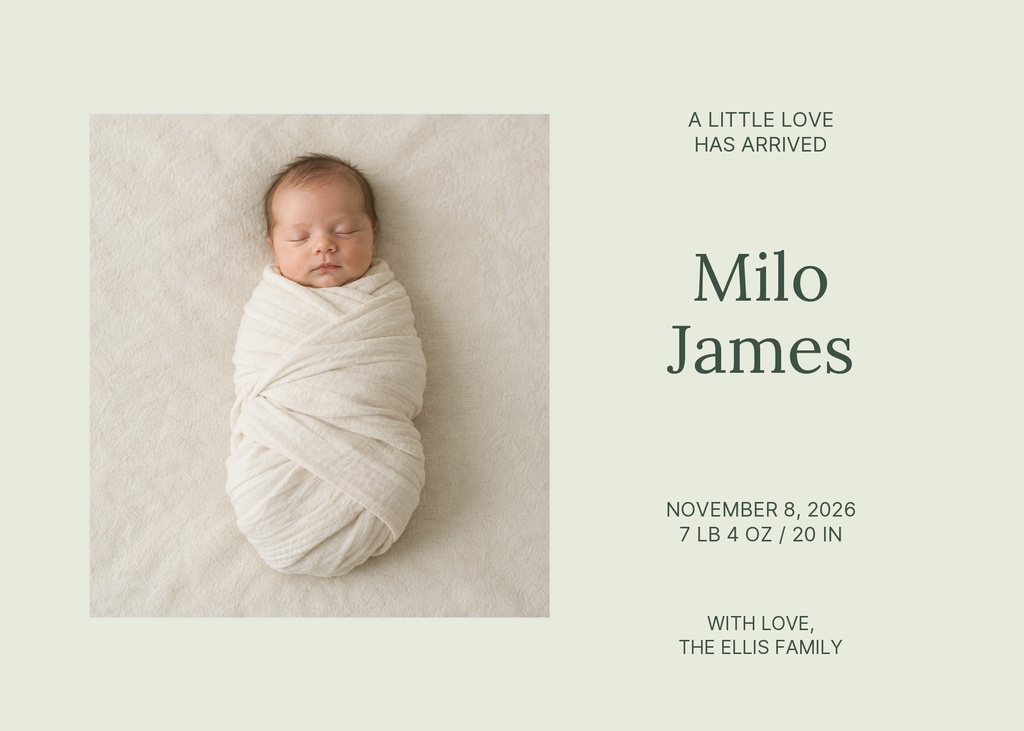 Sleeping newborn wrapped in a white blanket beside birth announcement text on a soft neutral layout