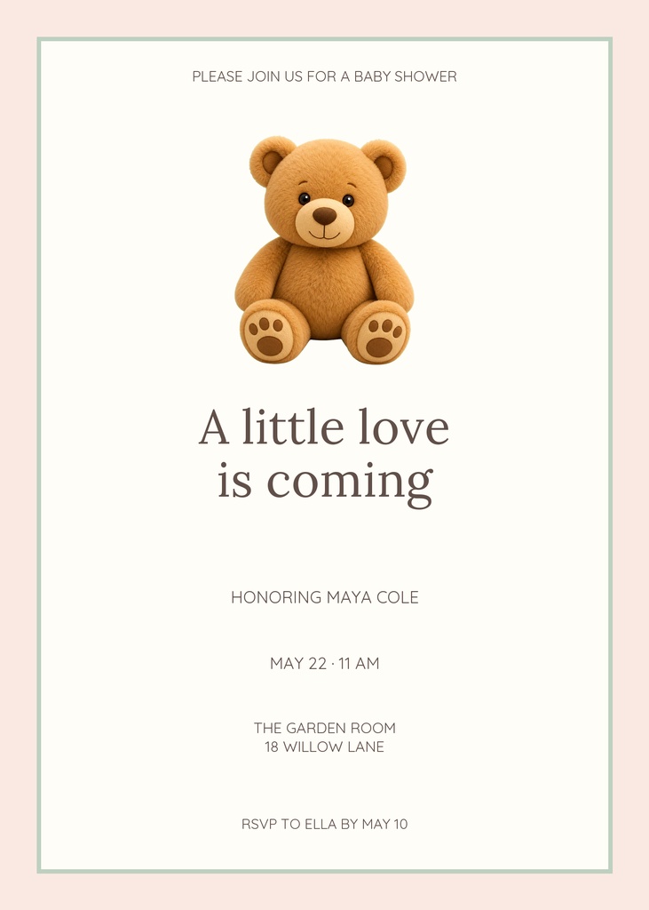 Teddy bear baby shower invitation with the phrase A little love is coming.