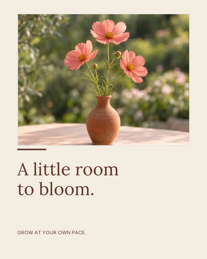 Portrait quote template with pink flowers in a vase and the text A little room to bloom.