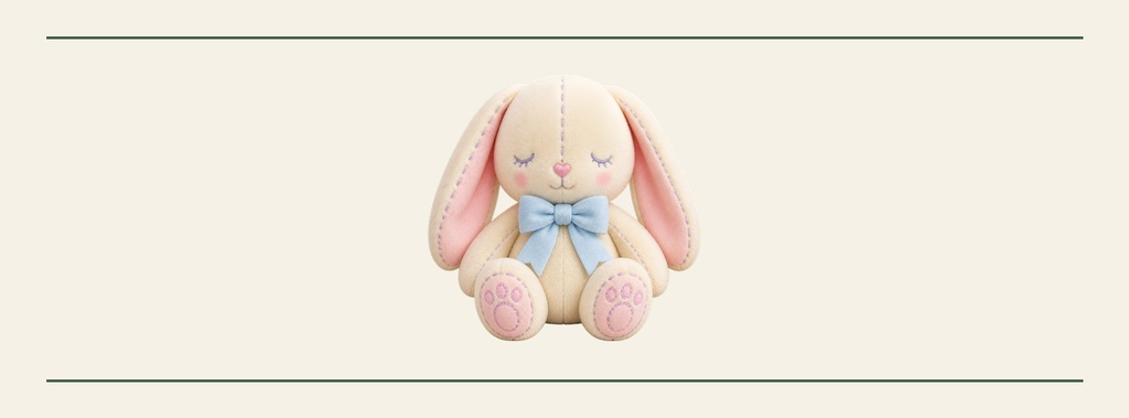 Cute plush bunny with blue bow on a soft cream background with thin border lines.