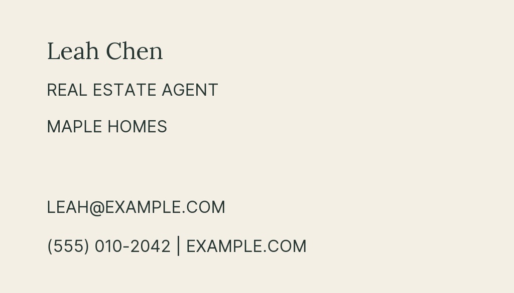 Minimal landscape business card with Leah Chen, real estate agent, Maple Homes, email, phone number, and website.