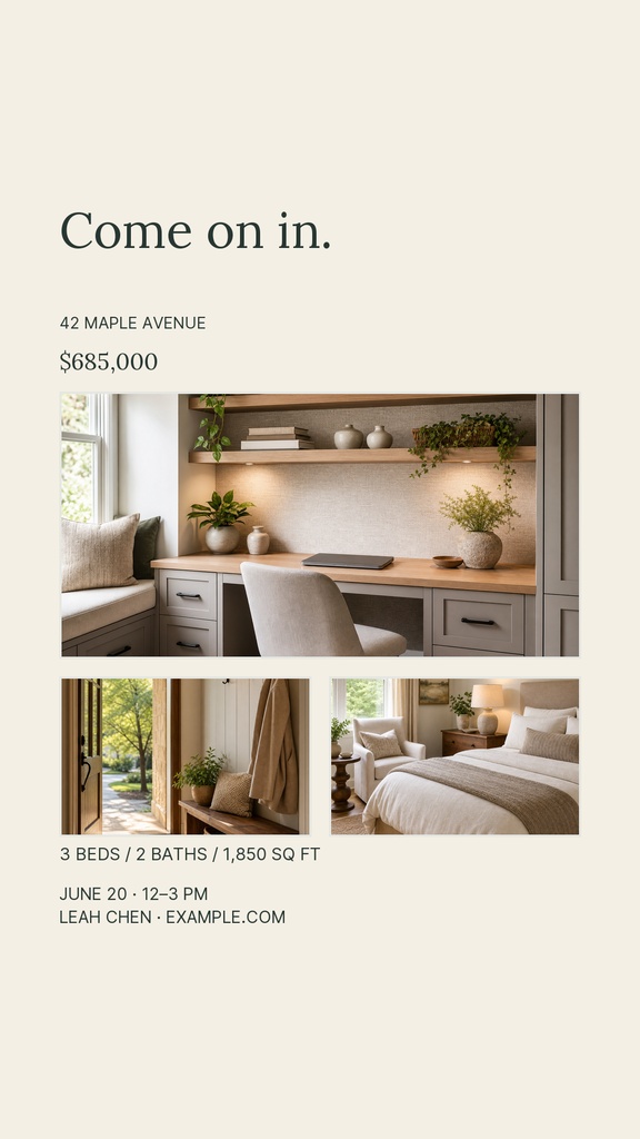 Portrait real estate story template with home photos, address, price, and open house details.