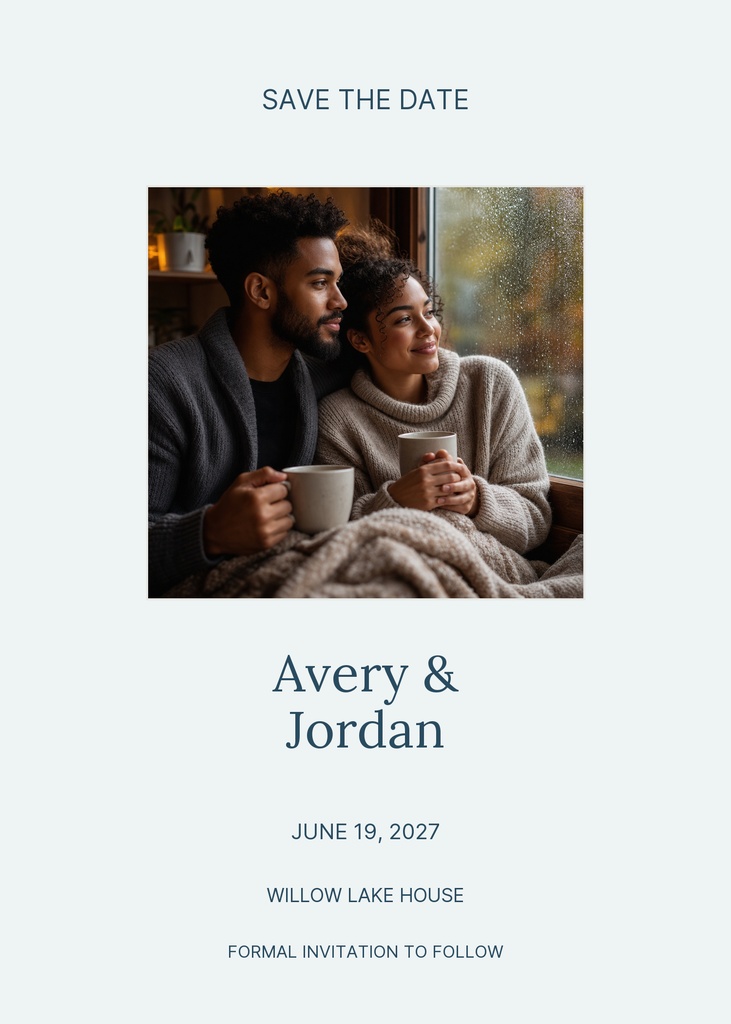 Portrait save the date card with a couple by a window, title text, names, date, and venue details.