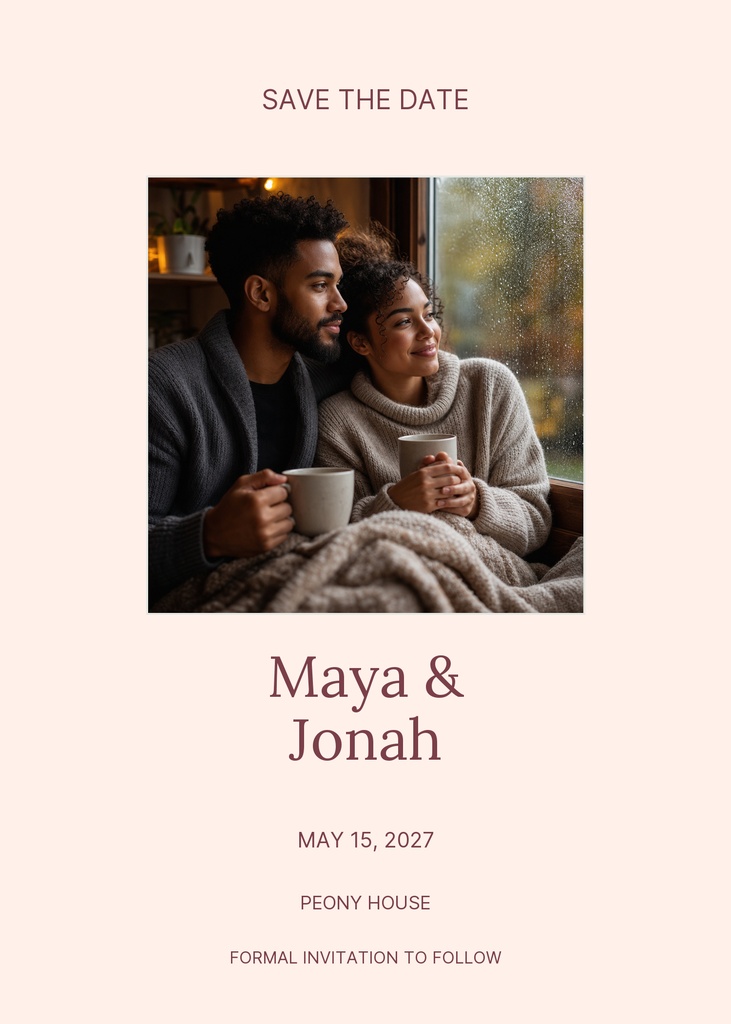 Portrait save the date card with a couple by a window and soft blush background.